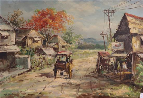 D. Fernino, oil on canvas, Asian scene with horse and cart on a lane, 51 x 76cm, unframed